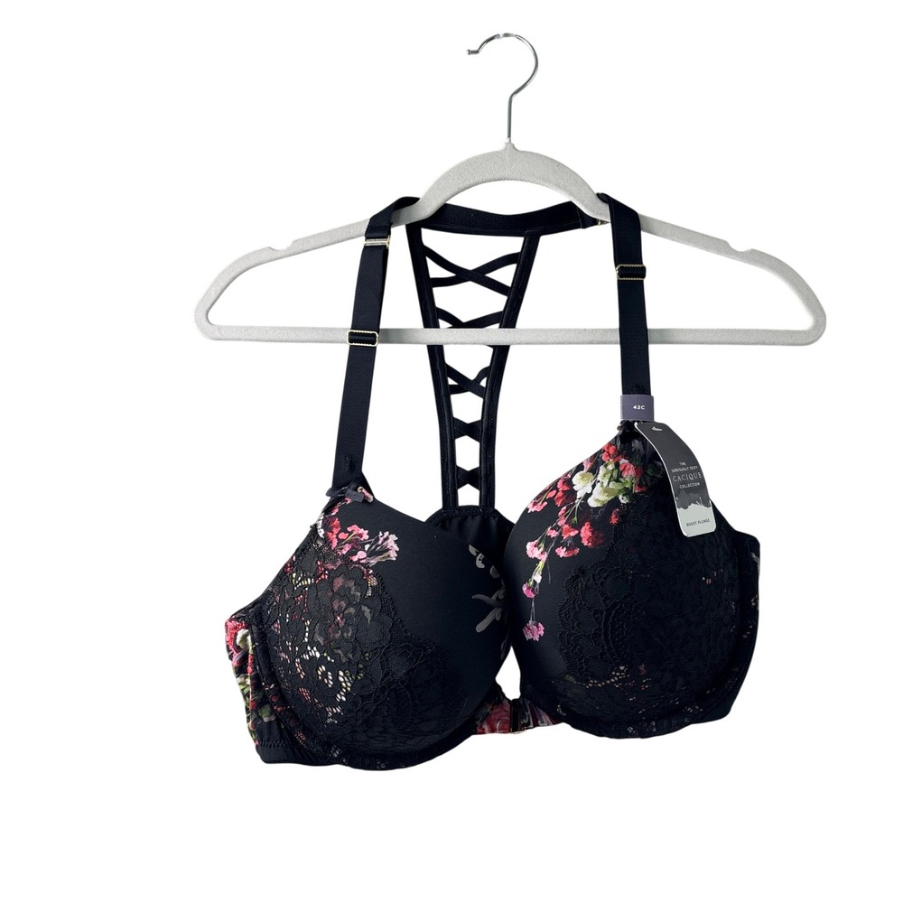Cacique Boost Plunge Bra Womens 42C Black Floral Lace Strappy Racerback NWT
